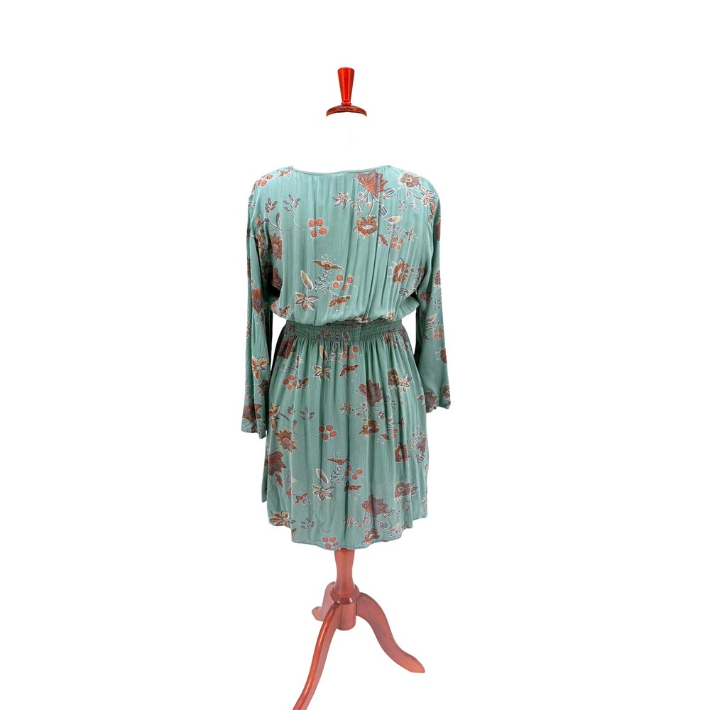 Kings Road V-Neck Dress Womens L Mint Green Brown Floral Bell Sleeve Excellent - Picture 5 of 10